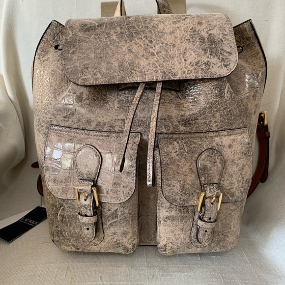 RALPH LAUREN Backpack Olive Bronze Tan Croc Embossed Leather Preppy Bag - Picture 2 of 11